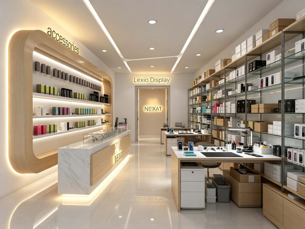 Rear storage area of a smartphone shop featuring metal glass shelving units for inventory, white workstations, and unboxing counters.