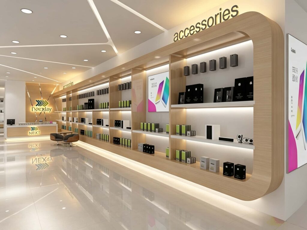 Long curved wooden wall display unit with built-in LED lighting showcasing mobile phone cases and chargers in a gradient color arrangement.