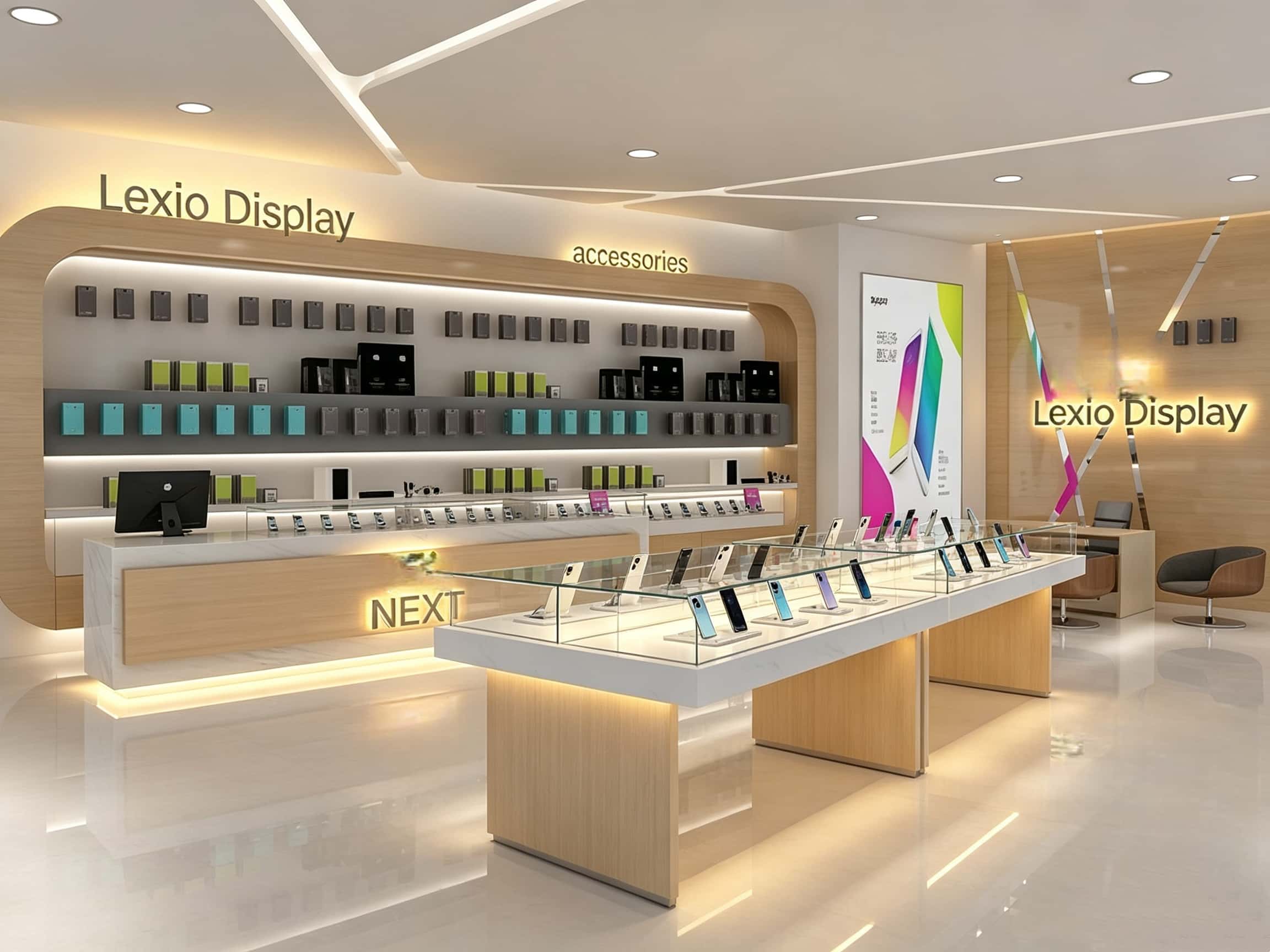 White marble reception counter with illuminated NEXT logo, placed next to a glass-topped central showcase island displaying smartphone demos.