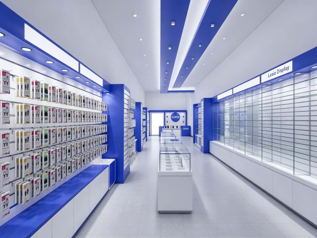 Modern cell phone store design featuring custom blue and white slatwall display panels for accessories on the left wall