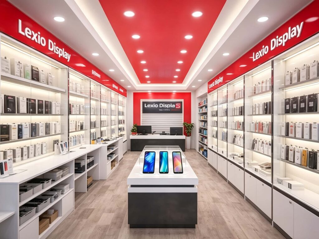 Modern red ceiling mobile phone store interior view, symmetrical wall glass display cabinets, central smartphone demo island counter, cellphone accessories retail shop bespoke furniture design