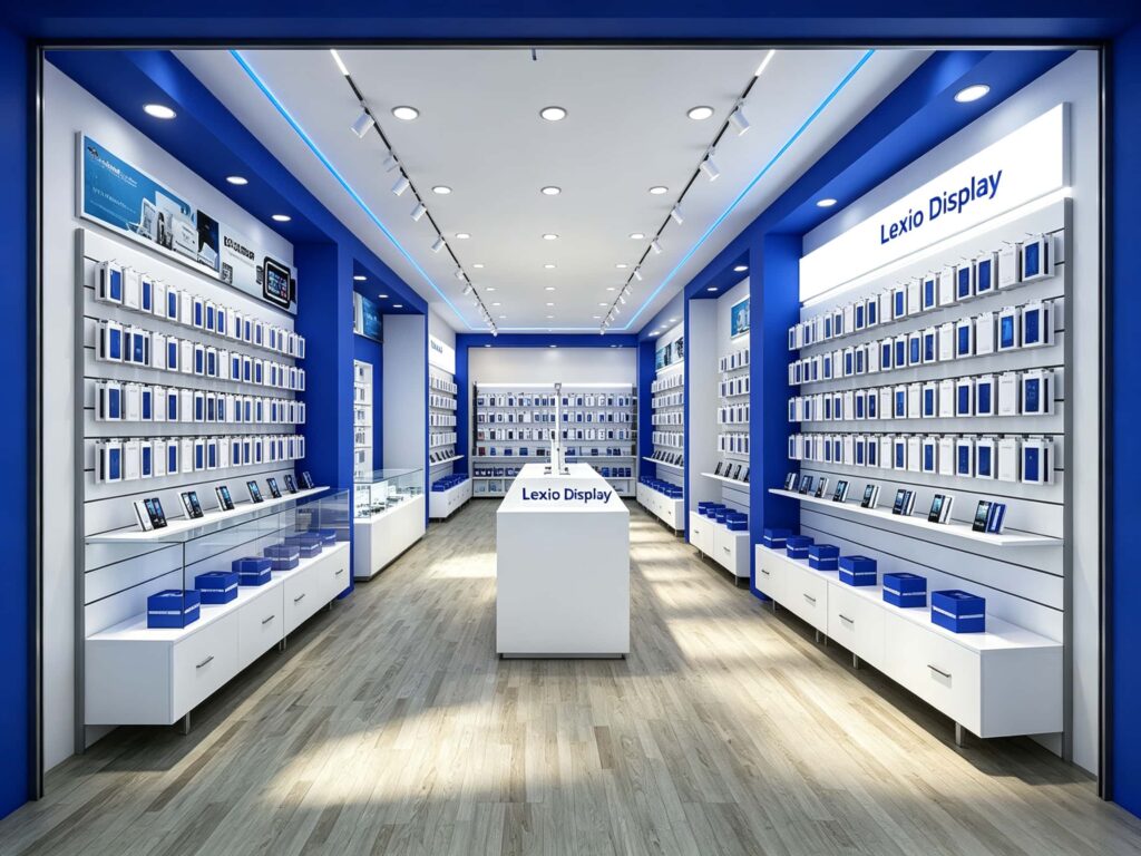 Blue white themed mobile phone store entrance interior view with custom wall display racks and central phone experience counter