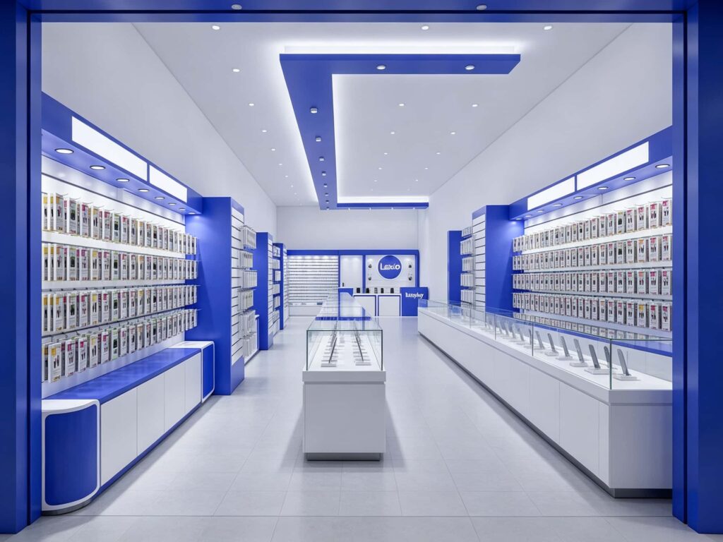 Overhead view of a symmetrical retail shop layout with central glass showcases and slatwall wall display systems