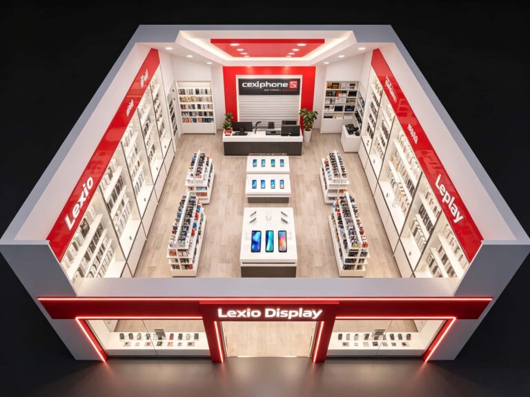 Top down floor plan layout of red ceiling cellphone shop, custom display cabinets arrangement, entrance facade & checkout counter layout for mobile retail store