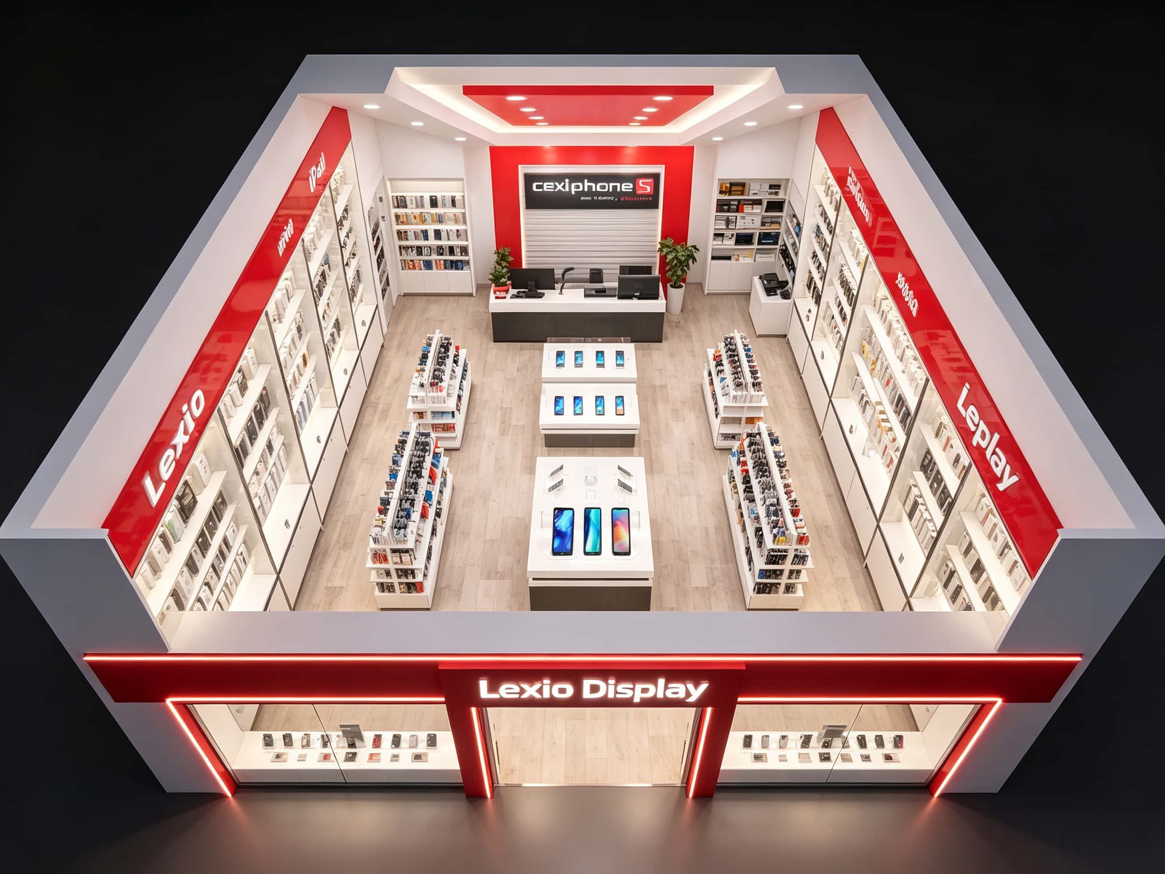 Top down floor plan layout of red ceiling cellphone shop, custom display cabinets arrangement, entrance facade & checkout counter layout for mobile retail store