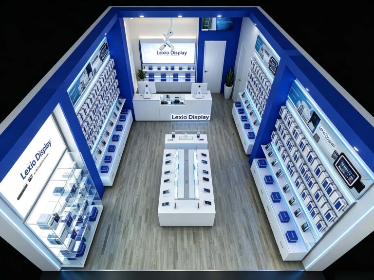 Top down bird's-eye view layout of custom mobile phone store with blue white display fixtures, checkout counter and central showcase island