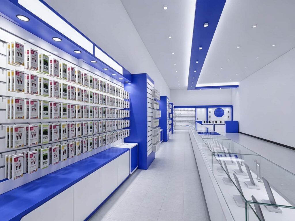 Detailed side view of white MDF slatwall panels with LED overhead track lighting in a mobile phone shop interior
