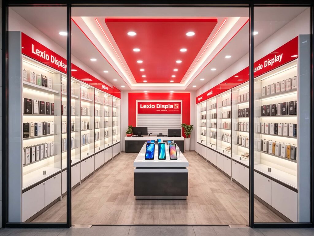 Street view front entrance of red ceiling mobile store, floor-to-ceiling glass window facade, illuminated phone accessory display cabinets interior design