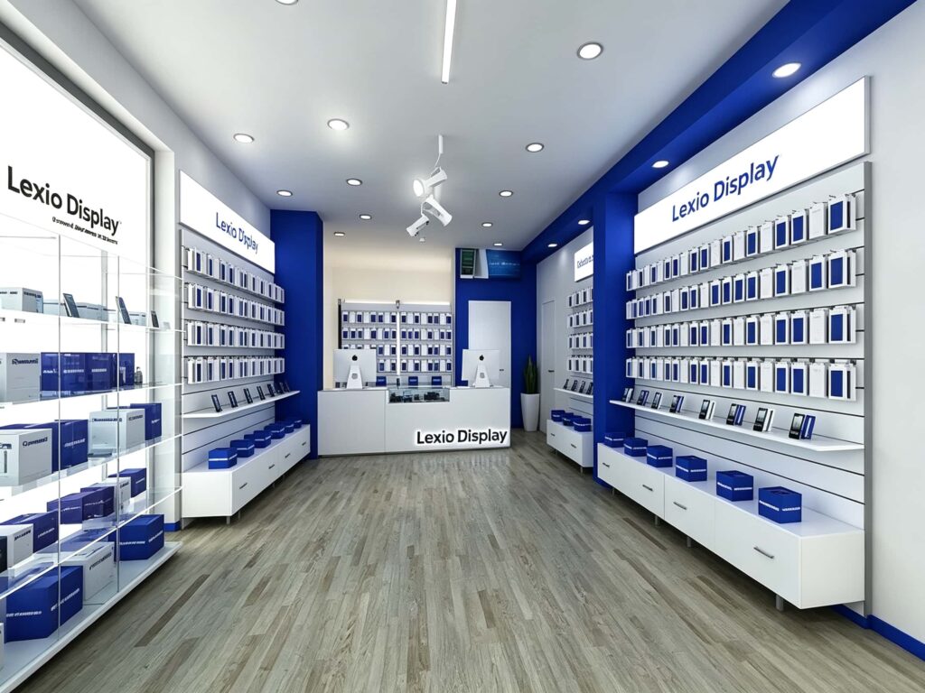 Deep interior view of blue white cell phone shop, rear checkout counter with Lexio Display branding and custom storage display cabinets