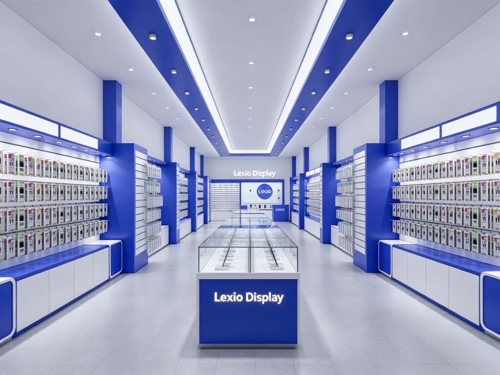 Central glass display cabinet with Lexio Display branding, surrounded by organized product slatwall shelves in a retail store