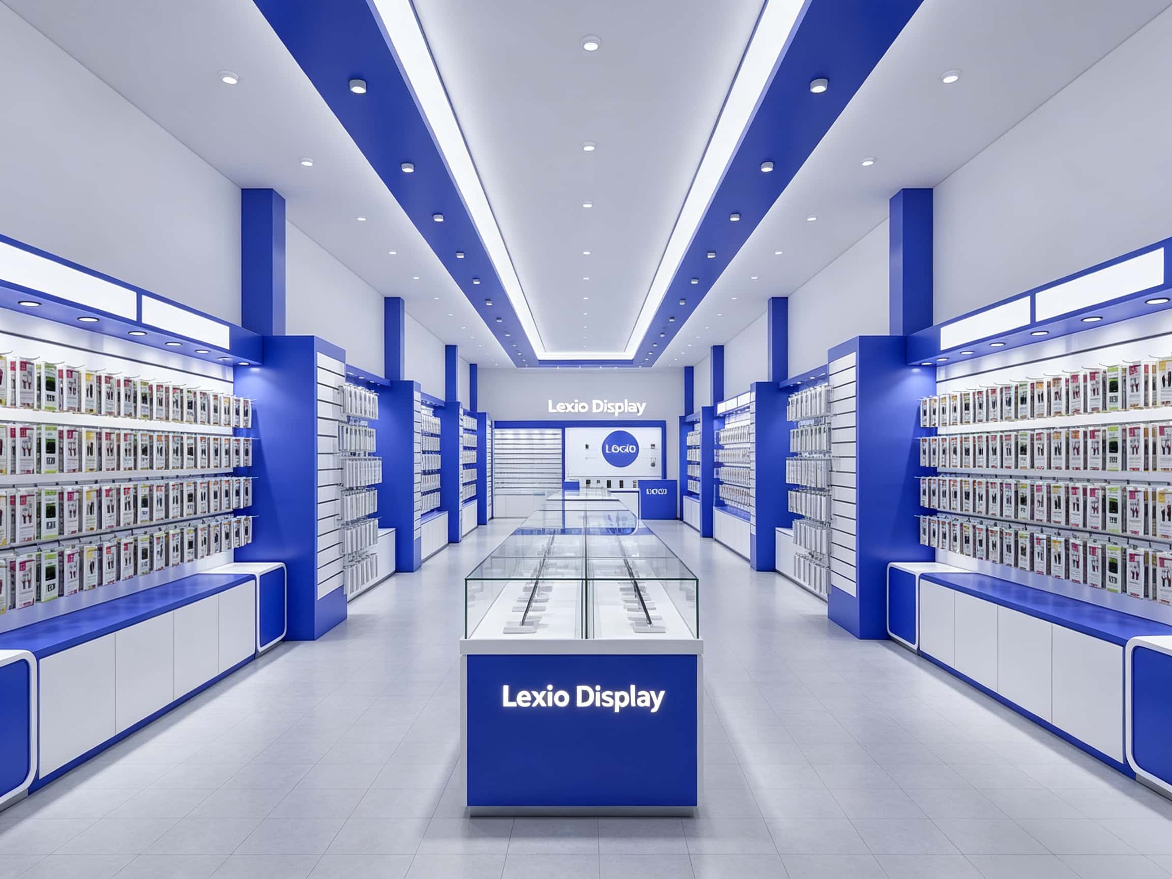 Central glass display cabinet with Lexio Display branding, surrounded by organized product slatwall shelves in a retail store