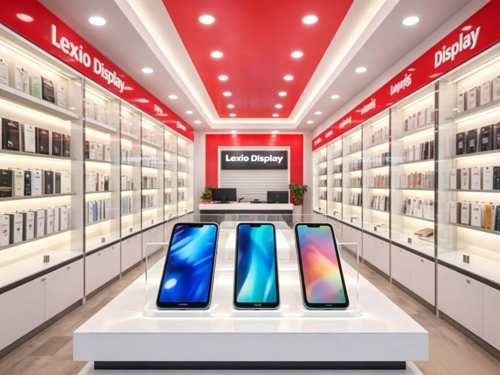Close up central acrylic smartphone display island counter, illuminated phone showcase table inside red ceiling electronics retail shop