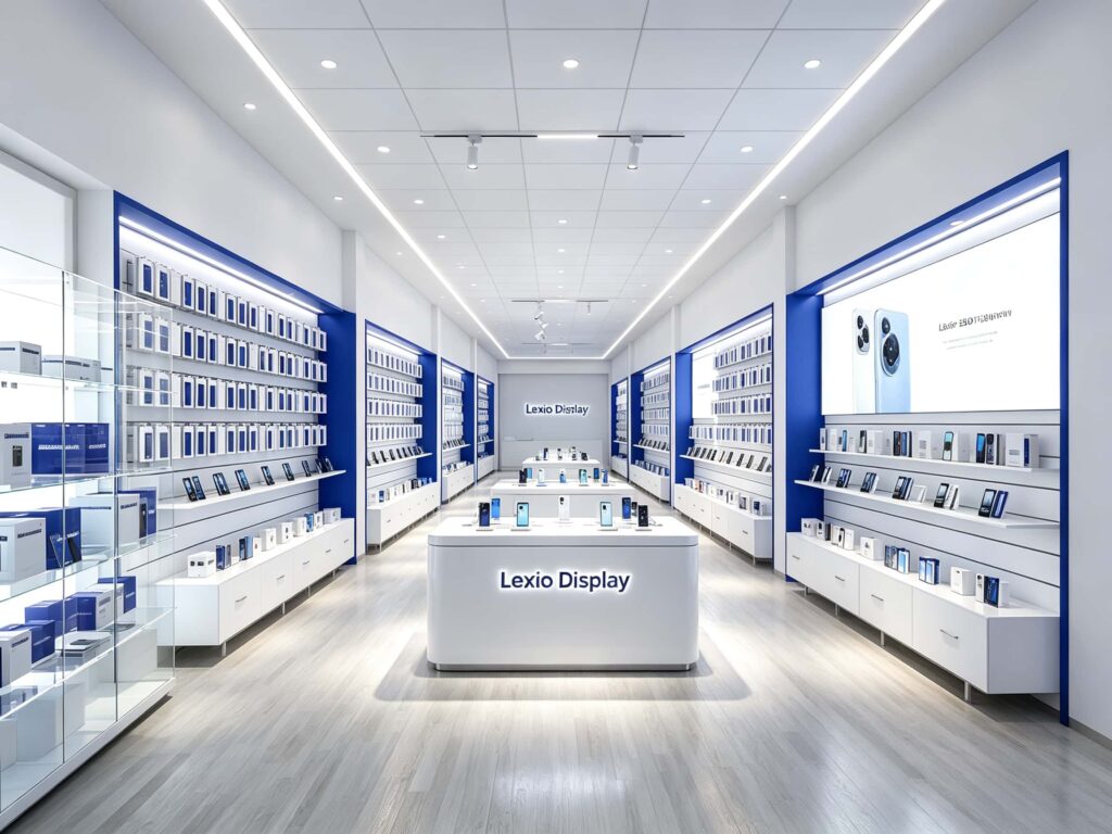Spacious long blue white digital accessories store interior with double-side wall display racks and central round phone showcase counter