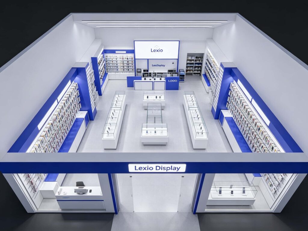Complete floor plan view of a mobile phone retail store, showing custom checkout counters, island displays, and slatwall units