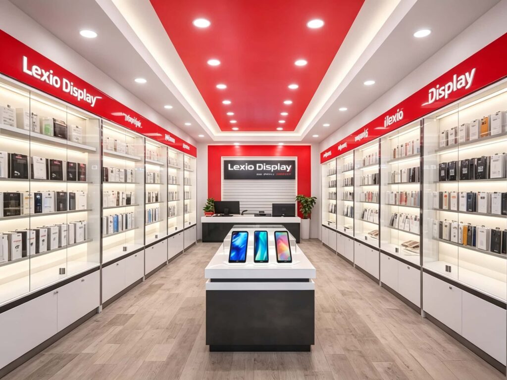 Symmetrical interior design cellphone shop with bold red ceiling, full height glass accessory display cabinets, central demo counter & back reception desk
