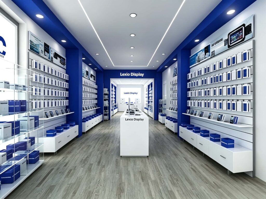 Central aisle view of blue white mobile shop, symmetrical custom display cabinets leading to the back service counter