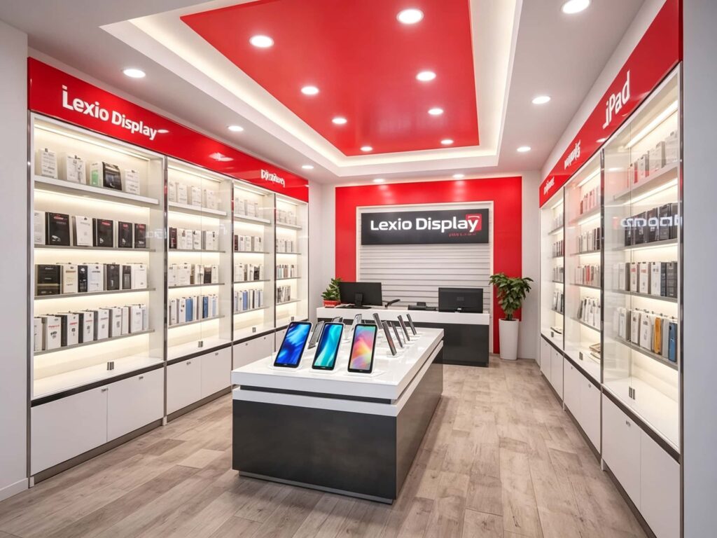 Side perspective mobile phone retail store interior, red ceiling lighting system, custom wall display shelving and smartphone trial counter layout