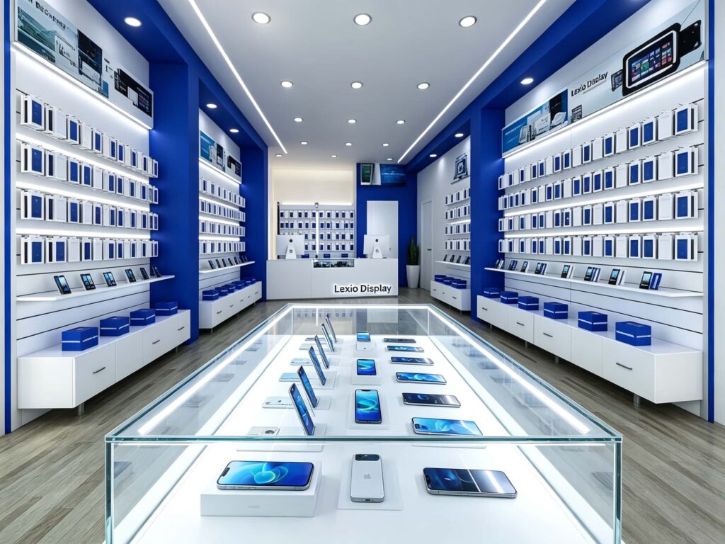 Tempered glass smartphone display showcase foreground in blue white mobile shop, cell phone physical display with LED lighting