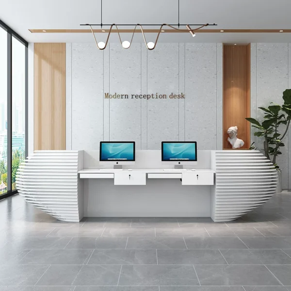 White layered slatted wave curved artistic reception desk Lexio Display luxury multi workstation front desk for corporate office lobby hotel salon