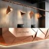 Custom Geometric Faceted Rose Gold Reception Desk | Modern Polygon Metal Lobby Counter