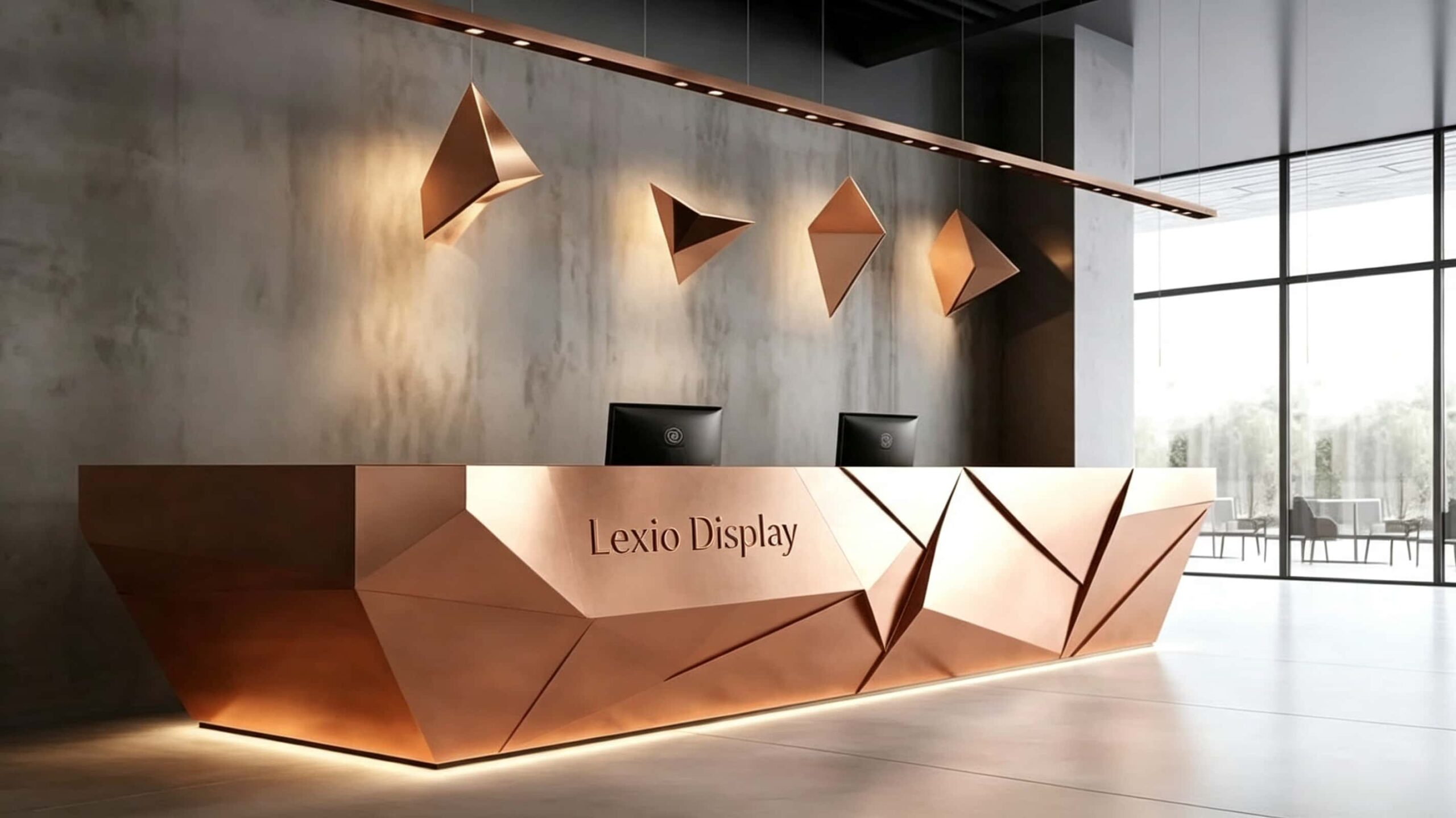 Custom Geometric Faceted Rose Gold Reception Desk | Modern Polygon Metal Lobby Counter