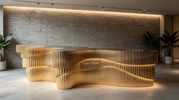 Custom layered vertical fluted gold irregular wavy reception desk luxury lobby counter Lexio Display