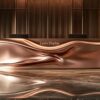 Custom draped fabric fluid sculpture rose gold reception desk luxury lobby front counter Lexio Display