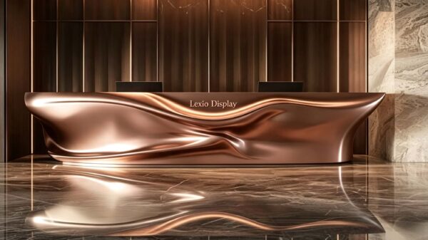 Custom draped fabric fluid sculpture rose gold reception desk luxury lobby front counter Lexio Display