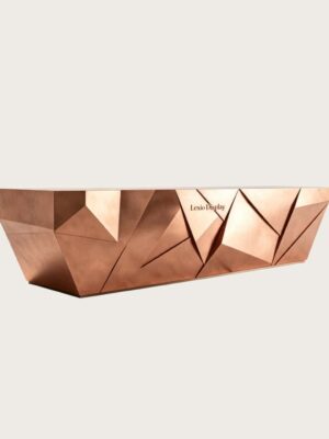 Custom Geometric Faceted Rose Gold Reception Desk | Modern Polygon Metal Lobby Counter
