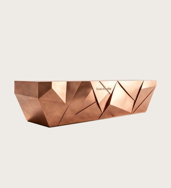 Custom Geometric Faceted Rose Gold Reception Desk | Modern Polygon Metal Lobby Counter