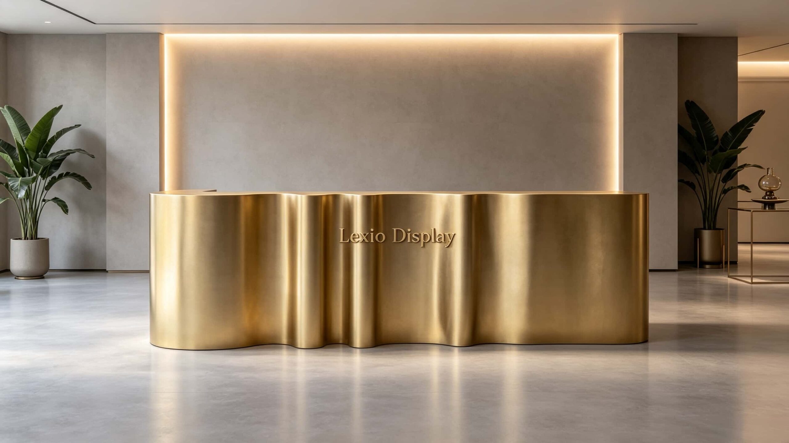 Custom vertical fluted ribbed brushed gold reception desk long wavy lobby front counter Lexio Display