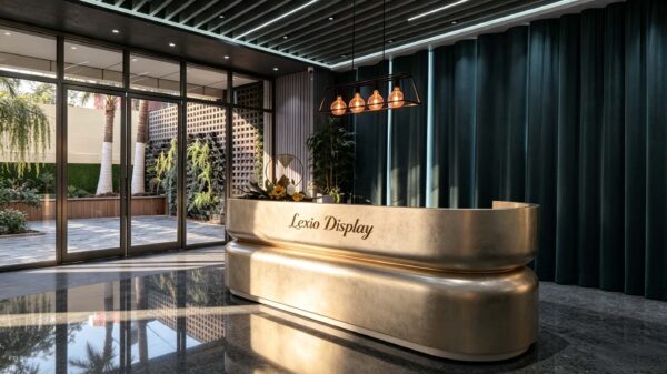 Custom Double Stacked Oval Gold Reception Desk | Curved Rounded Luxury Lobby Front Counter for Hotel & Boutique