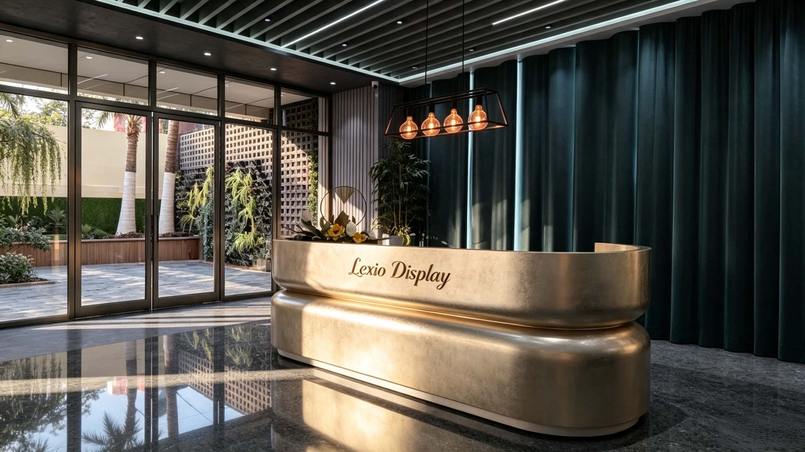 Custom Double Stacked Oval Gold Reception Desk | Curved Rounded Luxury Lobby Front Counter for Hotel & Boutique