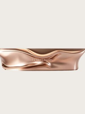 Custom draped fabric fluid sculpture rose gold reception desk luxury lobby front counter Lexio Display