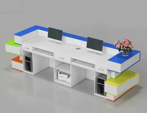 Custom colorful book stack shaped L shape multi workstation reception desk for kindergarten children education center Lexio Display