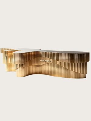 Custom layered vertical fluted gold irregular wavy reception desk luxury lobby counter Lexio Display