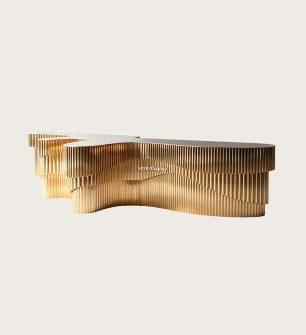 Custom layered vertical fluted gold irregular wavy reception desk luxury lobby counter Lexio Display