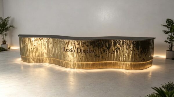 reception desk (20) Custom hammered texture gold wavy curved reception desk wave shape luxury lobby counter Lexio Display