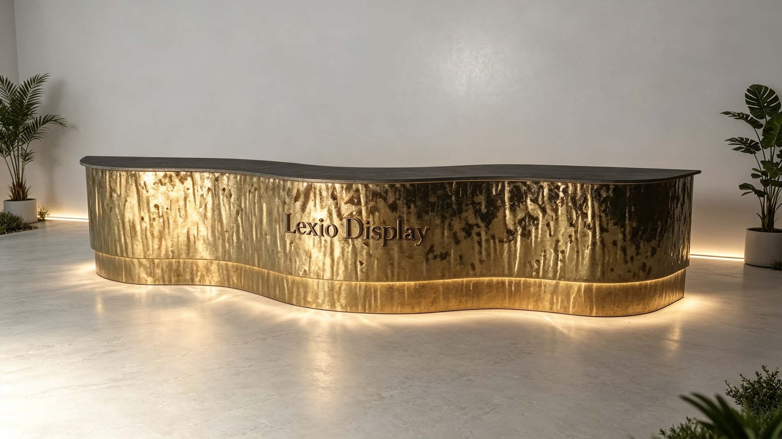 Custom hammered texture gold wavy curved reception desk wave shape luxury lobby counter Lexio Display