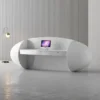Glossy white oval curved modern reception desk with drawers Lexio Display for office lobby salon and beauty studio front counter