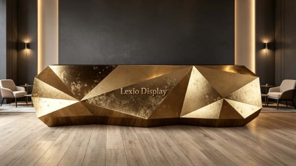 Custom diamond faceted antique distressed gold reception desk 3D geometric metal lobby counter Lexio Display