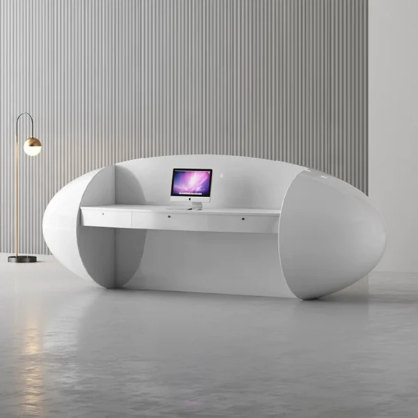 Glossy white oval curved modern reception desk with drawers Lexio Display for office lobby salon and beauty studio front counter