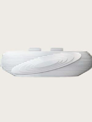White layered slatted wave curved artistic reception desk Lexio Display luxury multi workstation front desk for corporate office lobby hotel salon