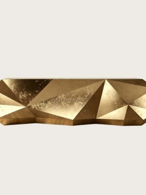 Custom diamond faceted antique distressed gold reception desk 3D geometric metal lobby counter Lexio Display