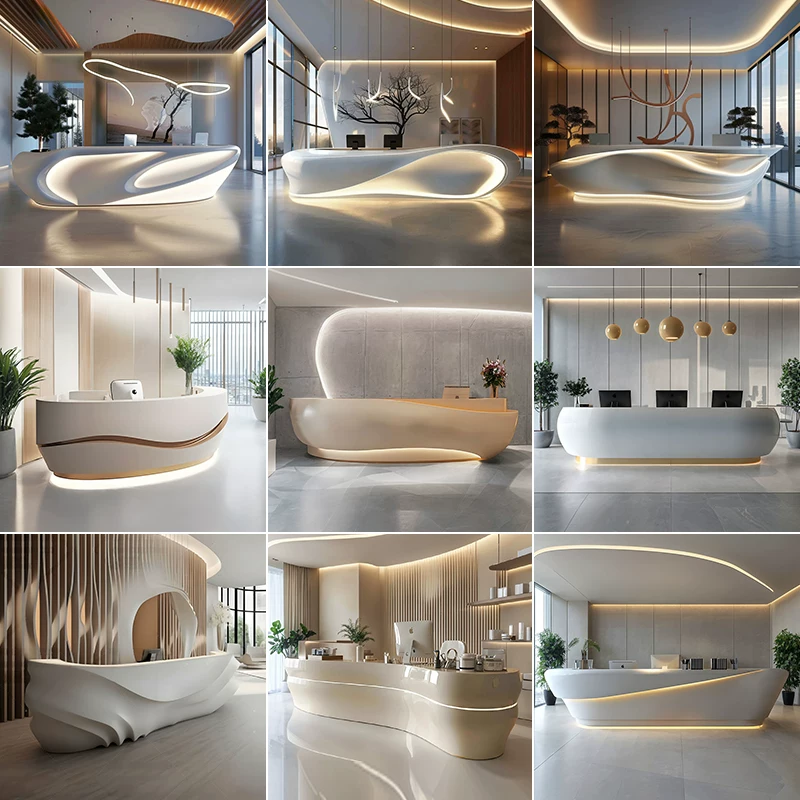 White layered slatted wave curved artistic reception desk Lexio Display luxury multi workstation front desk for corporate office lobby hotel salon