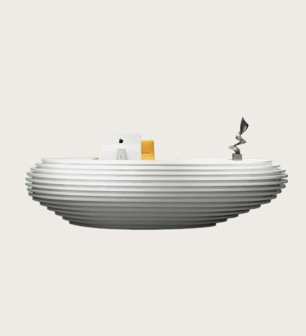 White layered slatted wave curved artistic reception desk Lexio Display luxury multi workstation front desk for corporate office lobby hotel salon