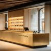 Custom Long Brushed Gold Tiered Step Reception Desk | Multi-level Lobby Counter for Hotel & Luxury Retail