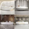White layered slatted wave curved artistic reception desk Lexio Display luxury multi workstation front desk for corporate office lobby hotel salon