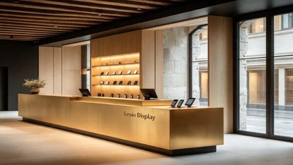 Custom Long Brushed Gold Tiered Step Reception Desk | Multi-level Lobby Counter for Hotel & Luxury Retail