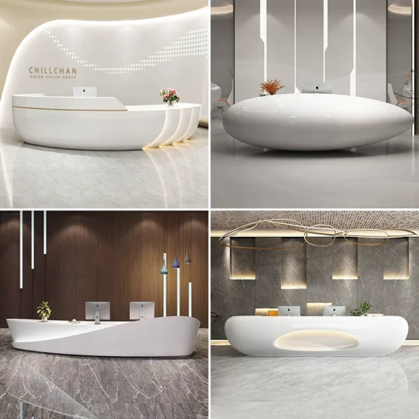 White layered slatted wave curved artistic reception desk Lexio Display luxury multi workstation front desk for corporate office lobby hotel salon